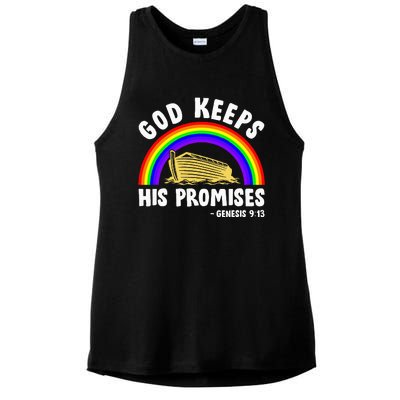 Christian Noah Ark Jesus God Keeps His Promises Rainbow Ladies PosiCharge Tri-Blend Wicking Tank