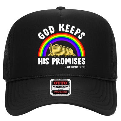 Christian Noah Ark Jesus God Keeps His Promises Rainbow High Crown Mesh Back Trucker Hat