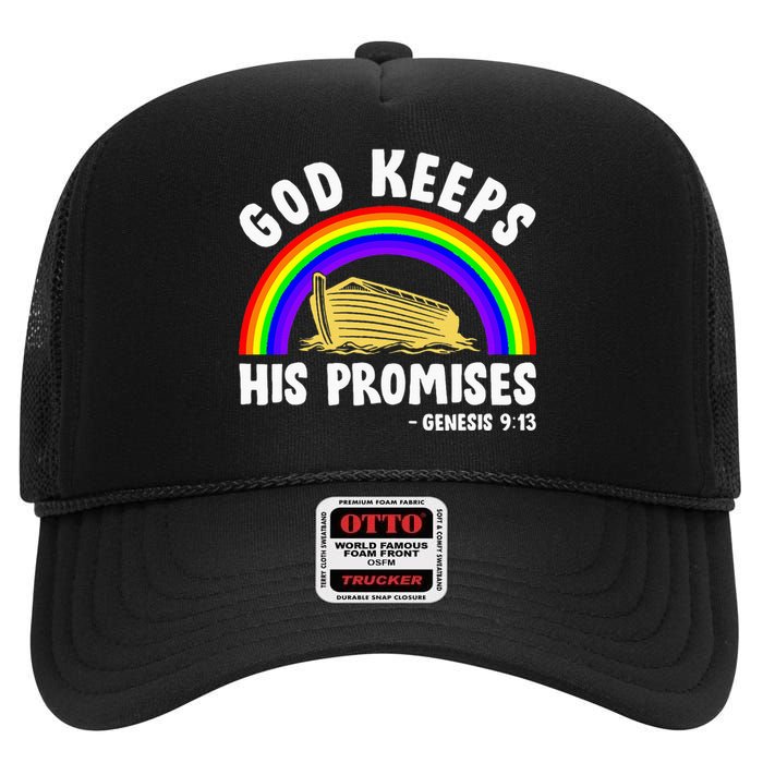 Christian Noah Ark Jesus God Keeps His Promises Rainbow High Crown Mesh Back Trucker Hat