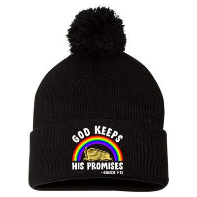 Christian Noah Ark Jesus God Keeps His Promises Rainbow Pom Pom 12in Knit Beanie