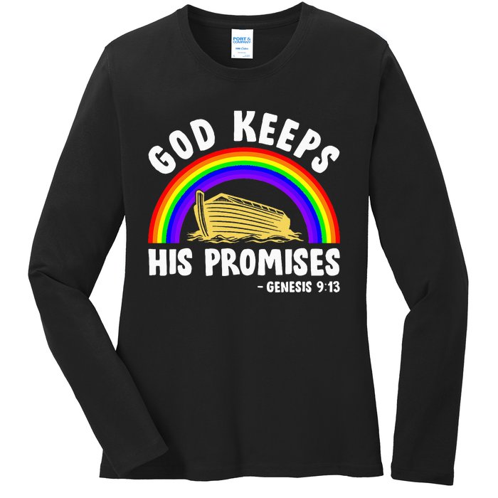 Christian Noah Ark Jesus God Keeps His Promises Rainbow Ladies Long Sleeve Shirt