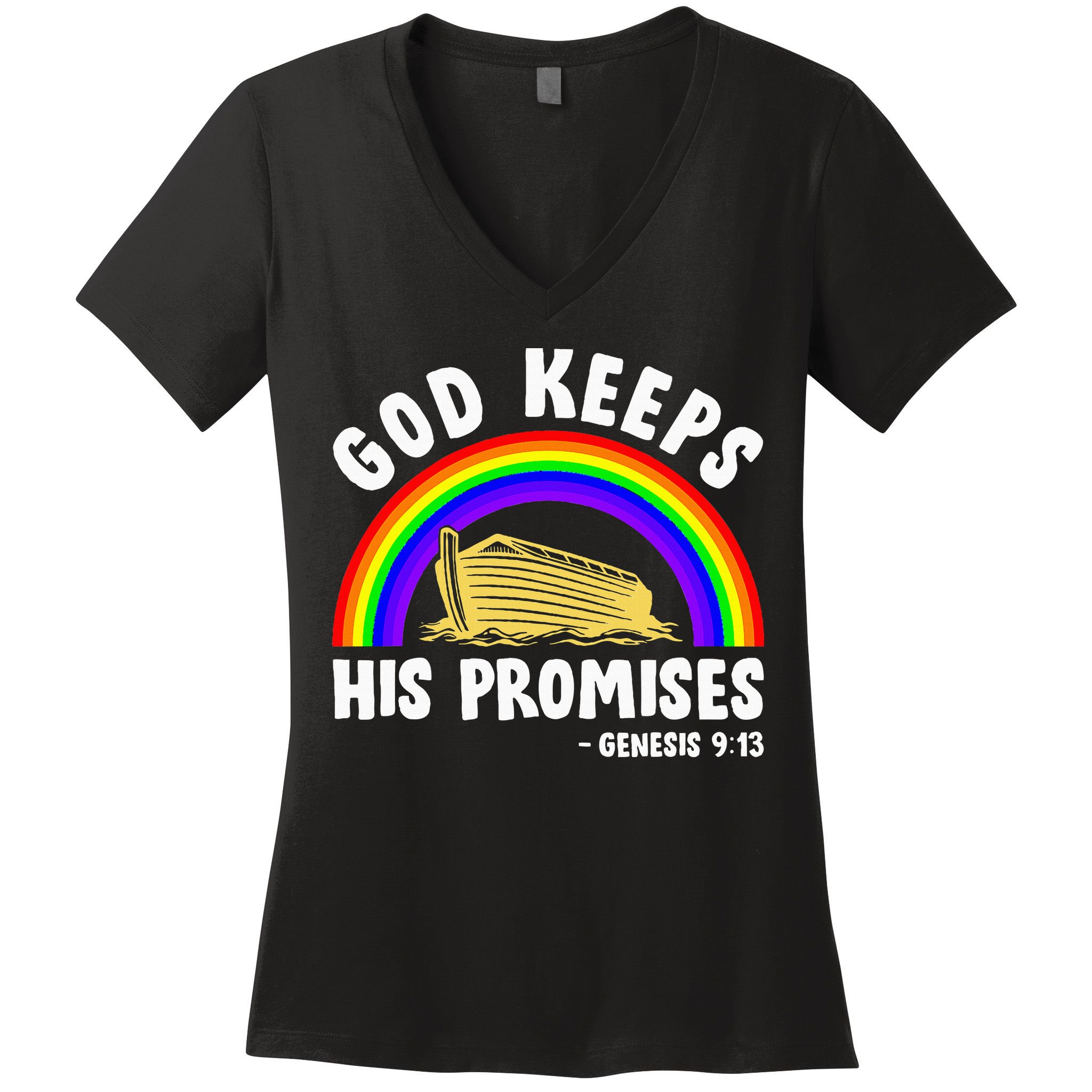 Christian Noah Ark Jesus God Keeps His Promises Rainbow Women's V-Neck T-Shirt