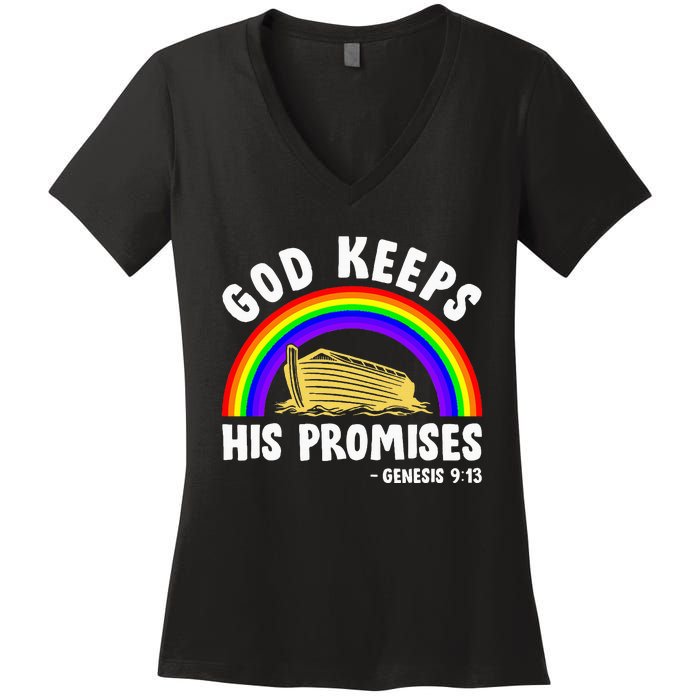 Christian Noah Ark Jesus God Keeps His Promises Rainbow Women's V-Neck T-Shirt