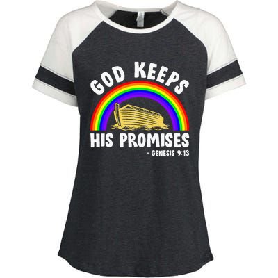 Christian Noah Ark Jesus God Keeps His Promises Rainbow Enza Ladies Jersey Colorblock Tee