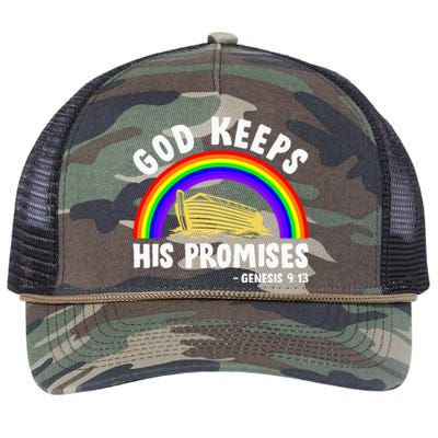 Christian Noah Ark Jesus God Keeps His Promises Rainbow Retro Rope Trucker Hat Cap