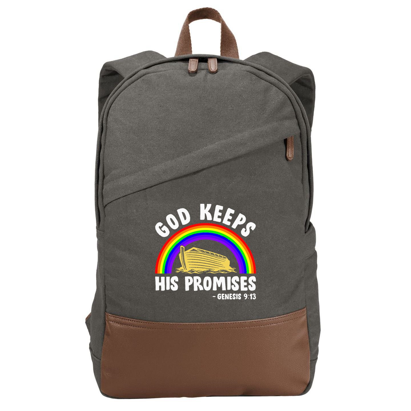 Christian Noah Ark Jesus God Keeps His Promises Rainbow Cotton Canvas Backpack