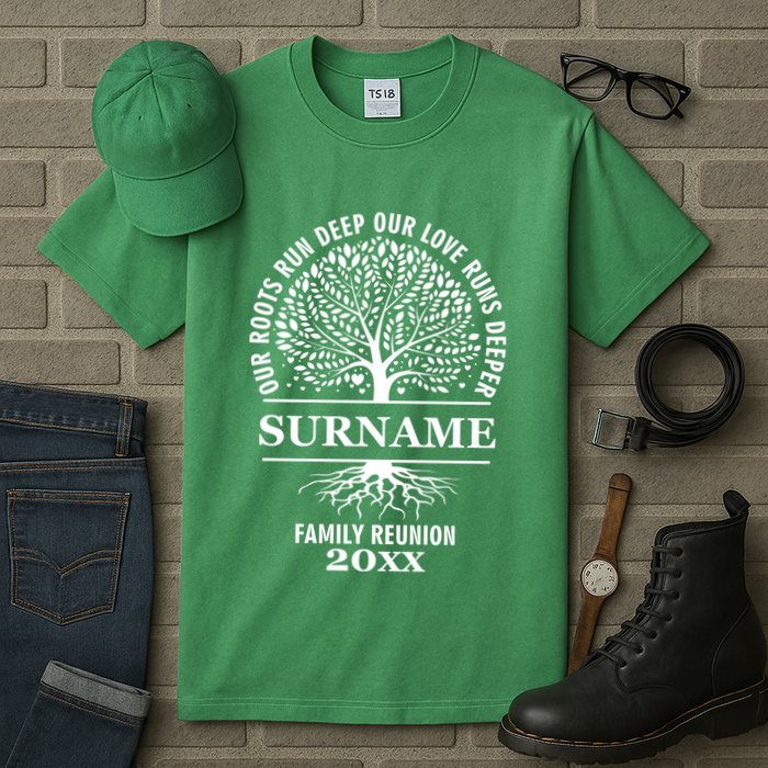 Custom Name And Year Family Reunion Our Roots Run Deep Our Love Runs Deeper Tall T-Shirt