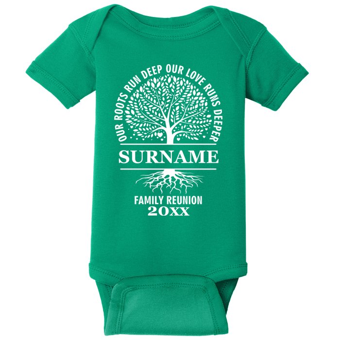 Custom Name And Year Family Reunion Our Roots Run Deep Our Love Runs Deeper Baby Bodysuit