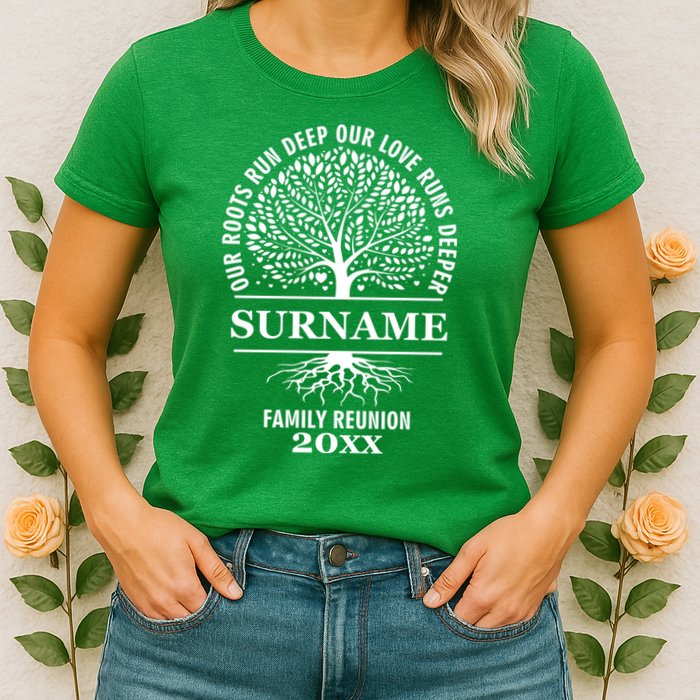 Custom Name And Year Family Reunion Our Roots Run Deep Our Love Runs Deeper Womens T-Shirt