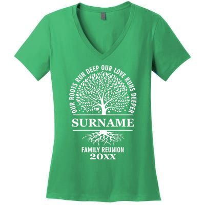 Custom Name And Year Family Reunion Our Roots Run Deep Our Love Runs Deeper Women's V-Neck T-Shirt