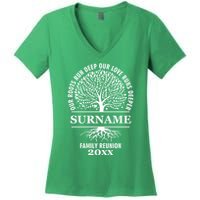 Custom Name And Year Family Reunion Our Roots Run Deep Our Love Runs Deeper Women's V-Neck T-Shirt