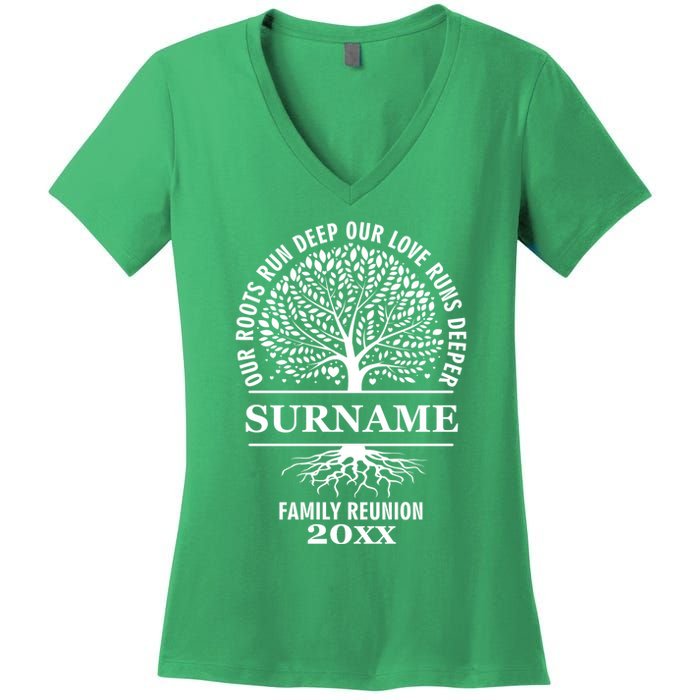 Custom Name And Year Family Reunion Our Roots Run Deep Our Love Runs Deeper Women's V-Neck T-Shirt