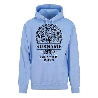 Custom Name And Year Family Reunion Our Roots Run Deep Our Love Runs Deeper Unisex Surf Hoodie