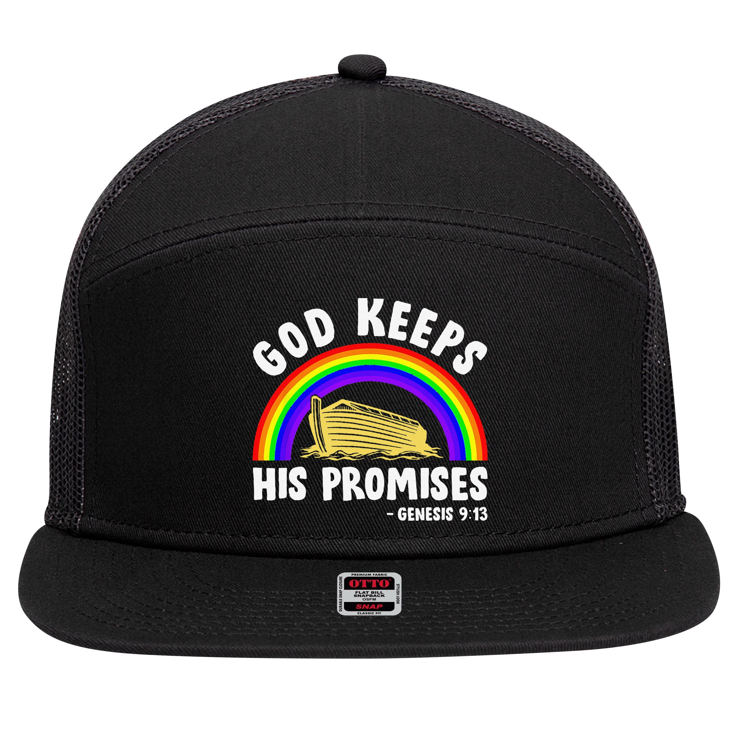 Christian Noah Ark Jesus God Keeps His Promises Rainbow 7 Panel Mesh Trucker Snapback Hat