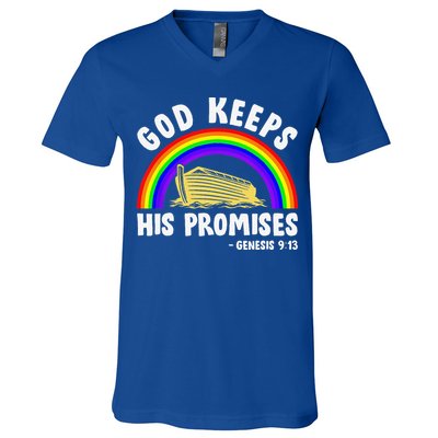Christian Noah Ark Jesus God Keeps His Promises Rainbow V-Neck T-Shirt