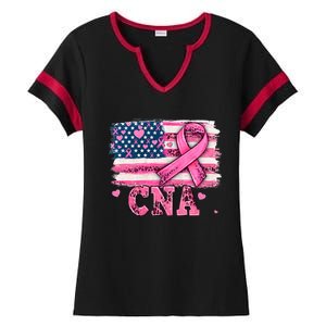 Cna Nurse American Flag P.I.N.K Ribbon Breast Cancer Awareness Ladies Halftime Notch Neck Tee