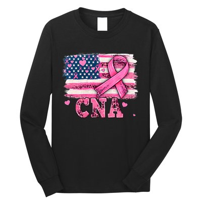 Cna Nurse American Flag P.I.N.K Ribbon Breast Cancer Awareness Long Sleeve Shirt