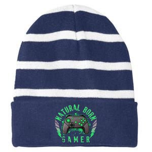 Cool Natural Born Gamer Striped Beanie with Solid Band