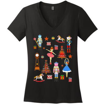 Christmas Nutcracker Ballet Xmas Pjs For Women's V-Neck T-Shirt