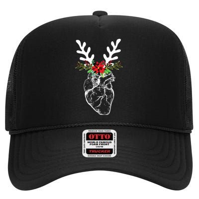 Cardiac Nurse Christmas Heart Anatomy Reindeer High Crown Mesh Back Trucker Hat