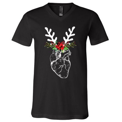 Cardiac Nurse Christmas Heart Anatomy Reindeer V-Neck T-Shirt