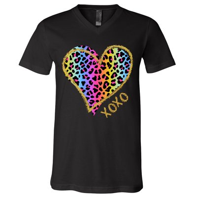 Colorful Neon Cheetah Print Heart Xoxo V-Neck T-Shirt