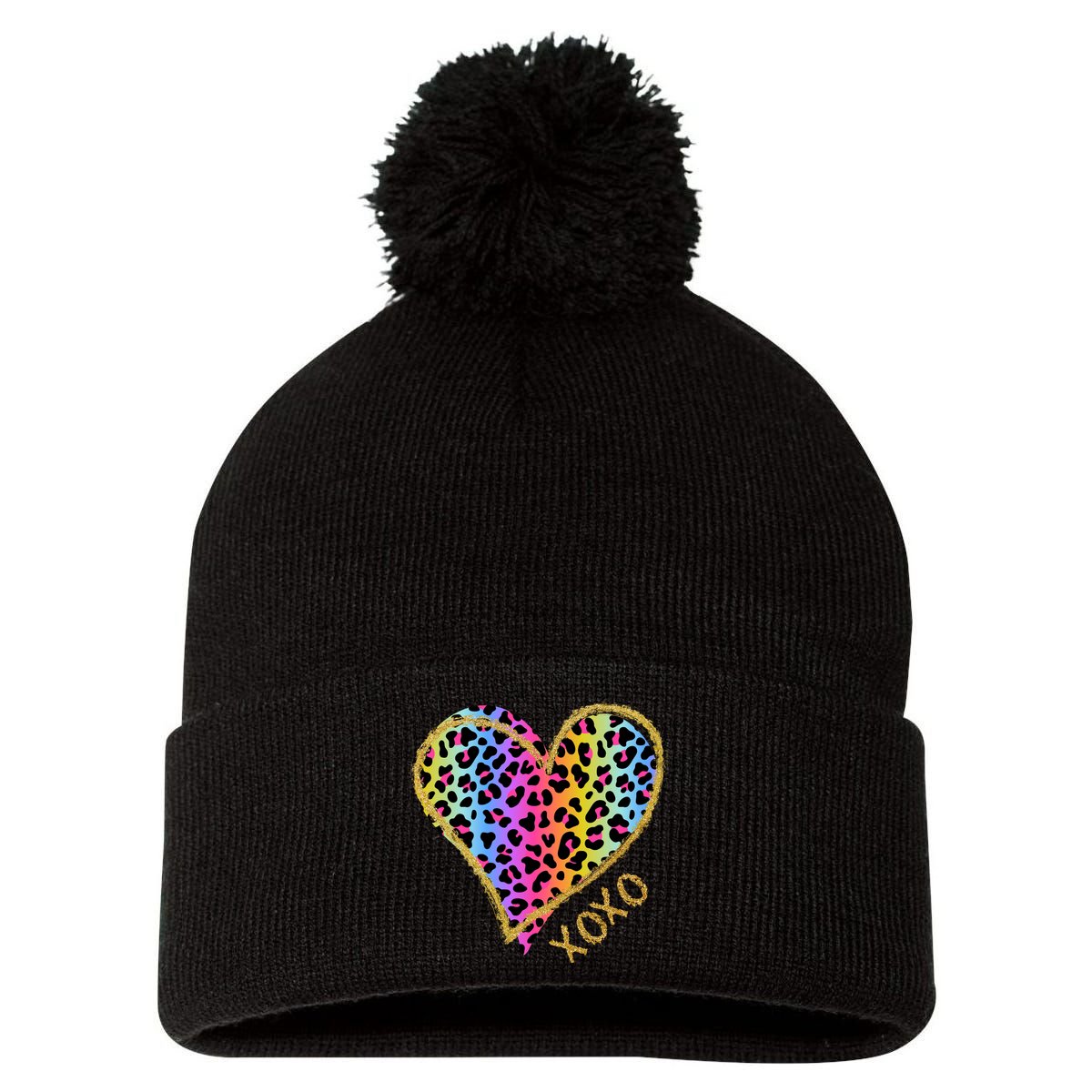 Colorful Neon Cheetah Print Heart Xoxo Pom Pom 12in Knit Beanie