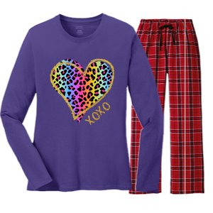 Colorful Neon Cheetah Print Heart Xoxo Women's Long Sleeve Flannel Pajama Set 