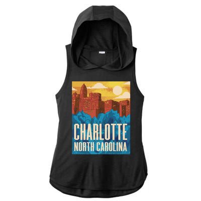 Charlotte North Carolina City Sunset Ladies PosiCharge Tri-Blend Wicking Draft Hoodie Tank