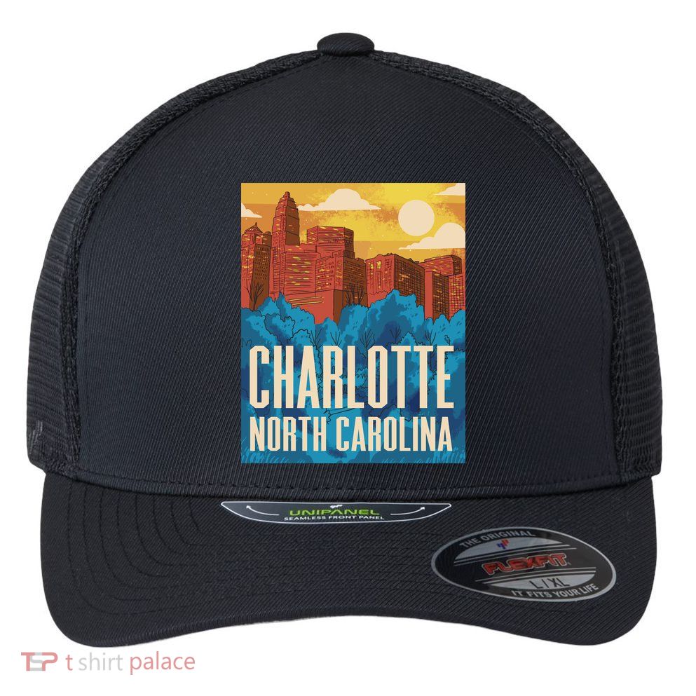 Charlotte North Carolina City Sunset Flexfit Unipanel Trucker Cap
