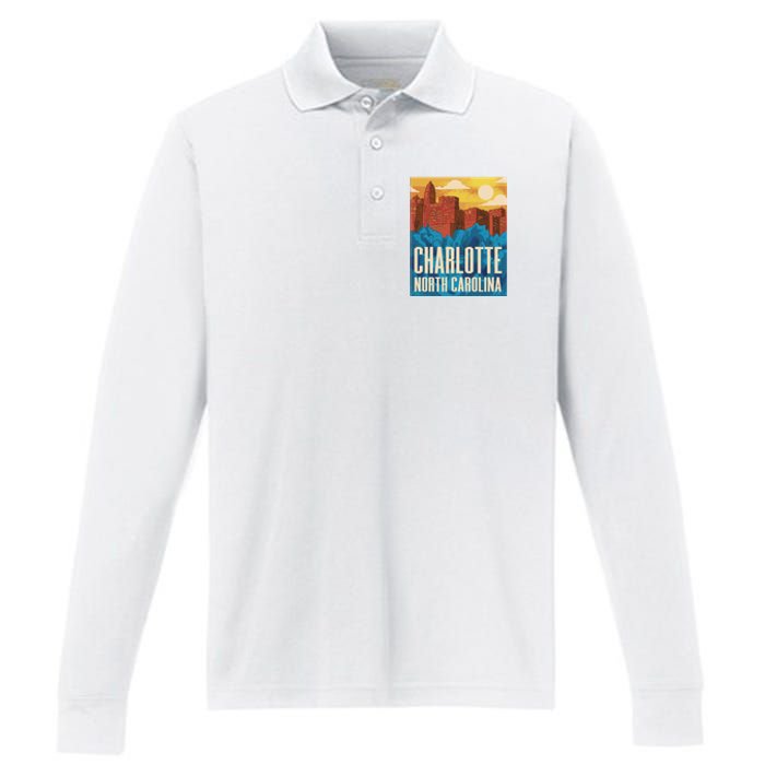 Charlotte North Carolina City Sunset Performance Long Sleeve Polo