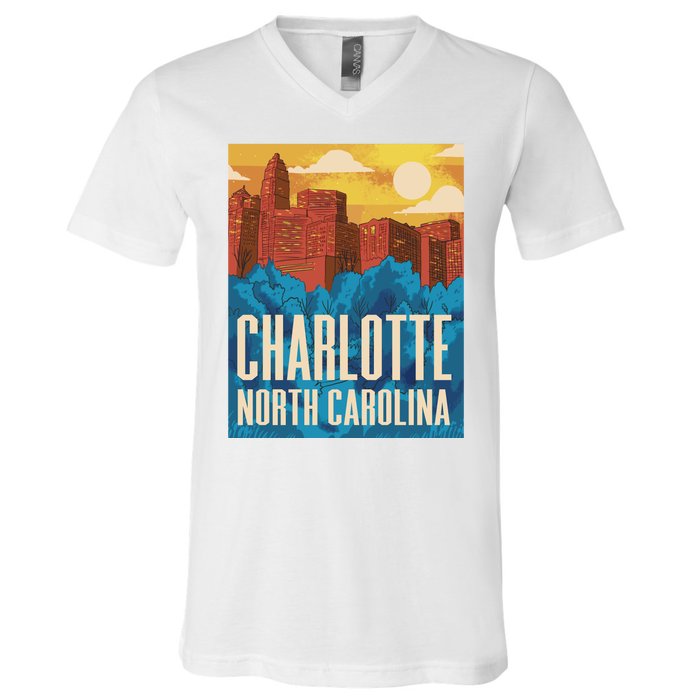 Charlotte North Carolina City Sunset V-Neck T-Shirt