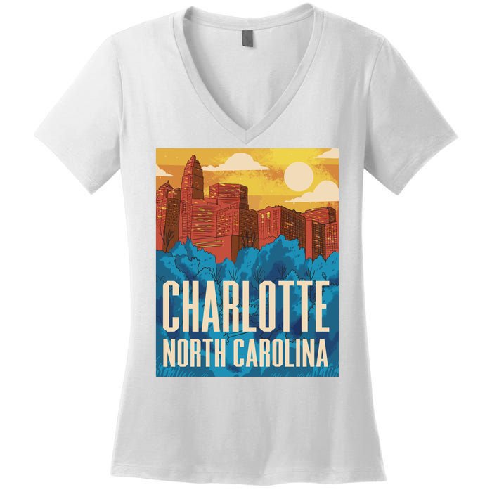 Charlotte North Carolina City Sunset Women's V-Neck T-Shirt