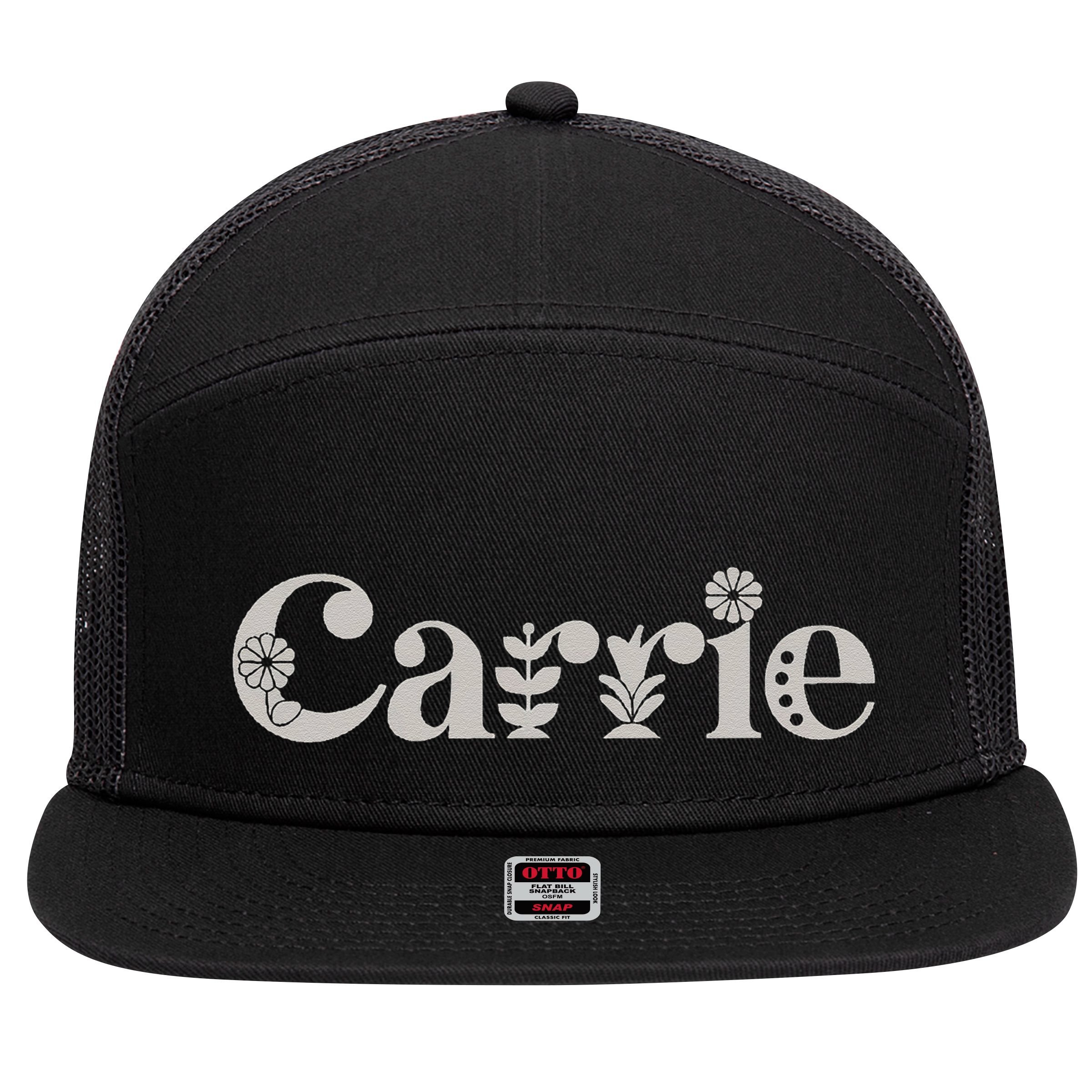 Carrie Name Custom Flower Personalized Botanical Women Mom 7 Panel Mesh Trucker Snapback Hat
