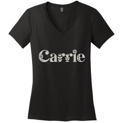 Carrie Name Custom Flower Personalized Botanical Women Mom Women's V-Neck T-Shirt