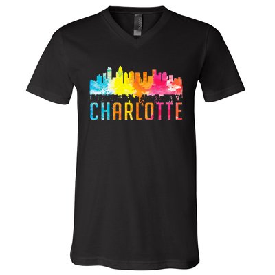 Charlotte North Carolina Watercolor Skyline Souvenir V-Neck T-Shirt