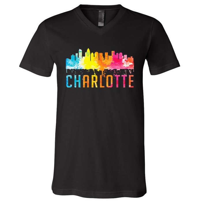 Charlotte North Carolina Watercolor Skyline Souvenir V-Neck T-Shirt