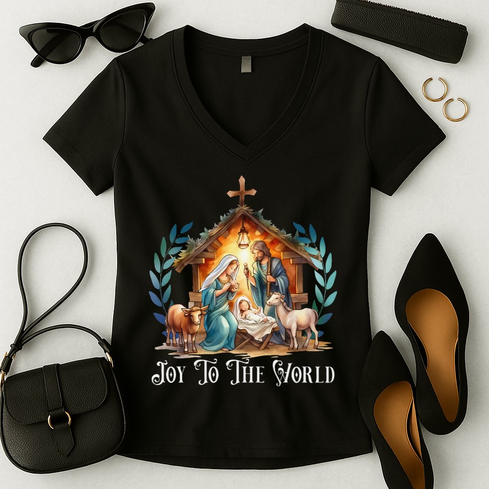 Christmas Nativity Christian Birth Of Jesus Joy To The World Gift Women's V-Neck T-Shirt