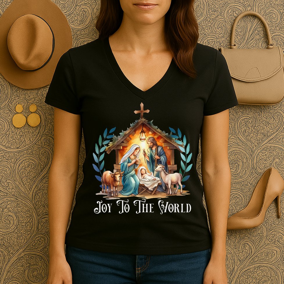 Christmas Nativity Christian Birth Of Jesus Joy To The World Gift Women's V-Neck T-Shirt