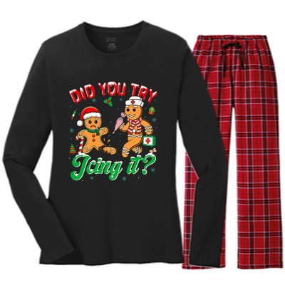 Christmas Nurse Did You Try Icing It Gingerbread Man Women's Long Sleeve Flannel Pajama Set 