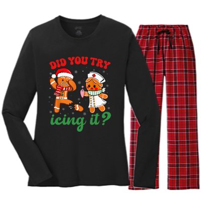 Christmas Nurse Did You Try Icing It Gingerbread Man Women's Long Sleeve Flannel Pajama Set 