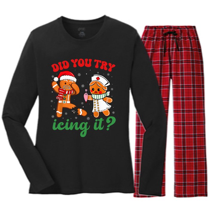 Christmas Nurse Did You Try Icing It Gingerbread Man Women's Long Sleeve Flannel Pajama Set 