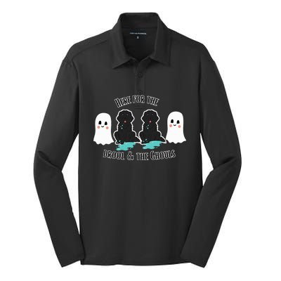 Cute Newfie Dog Halloween Ghosts Here For The Drool & Ghouls Silk Touch Performance Long Sleeve Polo