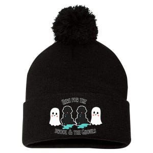 Cute Newfie Dog Halloween Ghosts Here For The Drool & Ghouls Pom Pom 12in Knit Beanie