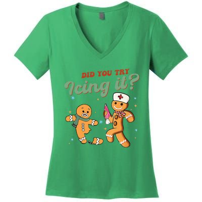 Christmas Nurse Did You Try Icing It Gingerbread Man Women's V-Neck T-Shirt