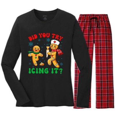 Christmas Nurse Did You Try Icing It Gingerbread Man Women's Long Sleeve Flannel Pajama Set 