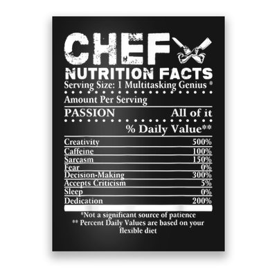 Chef Nutrition Facts Cool Chef Tee Gift For Chefs Poster