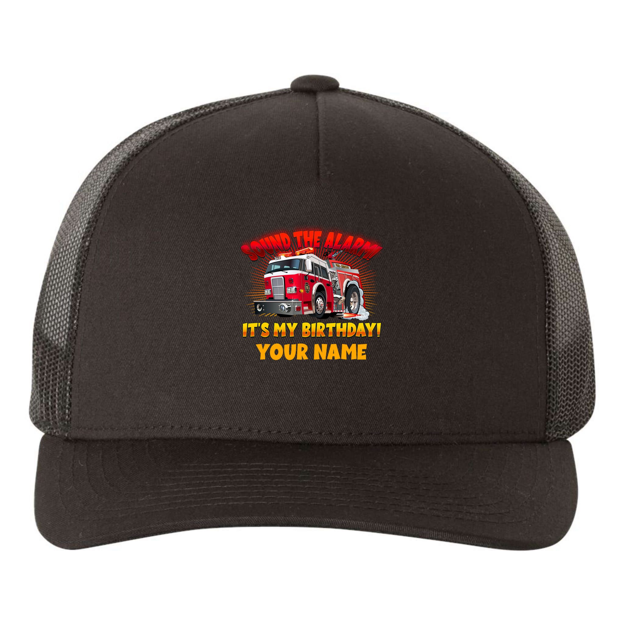 Custom Name Funny Sound The Alarm It's My Birthday Firetruck Yupoong Adult 5-Panel Trucker Hat