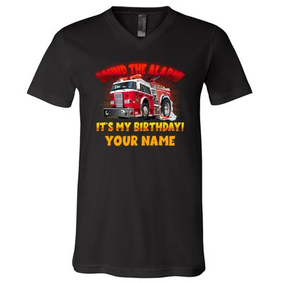 Custom Name Funny Sound The Alarm It's My Birthday Firetruck V-Neck T-Shirt