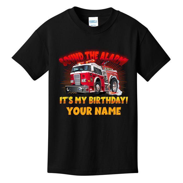 Custom Name Funny Sound The Alarm It's My Birthday Firetruck Kids T-Shirt